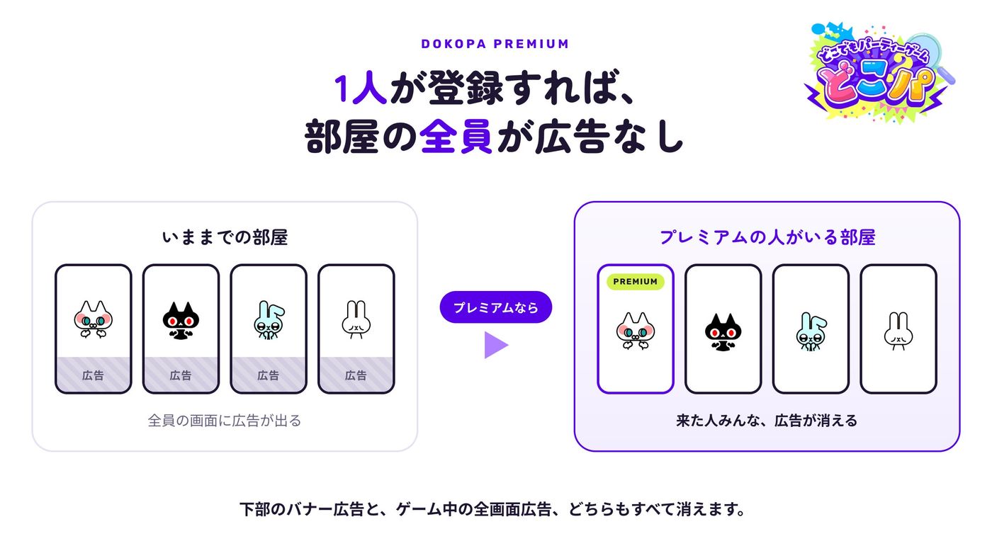 1人課金で全員の広告が消える！ 人狼も遊べる『どこパ』にプレミアム登場